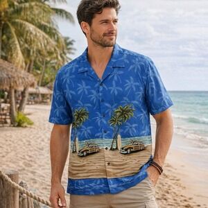 Vintage Ho Aloha Mens‎ Shirt 2XL Hawaiian Tropical Beach Scene Surfer Camp Vacay